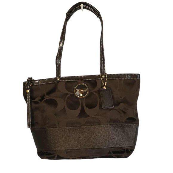 EUC Coach Signature Stripe Brown Sateen Canvas Tote - Picture 2 of 11